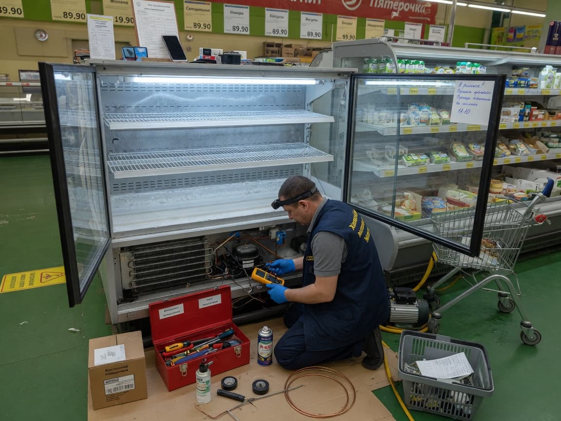 Ремонт торговой витрины в продуктовом магазине Луганска